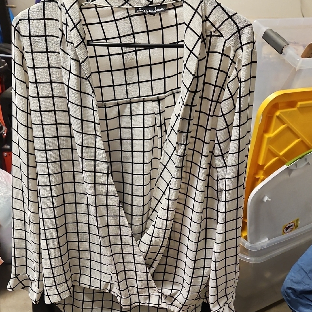 Black and White Wrap Blouse with 3/4 Sleeves and Notched Collar